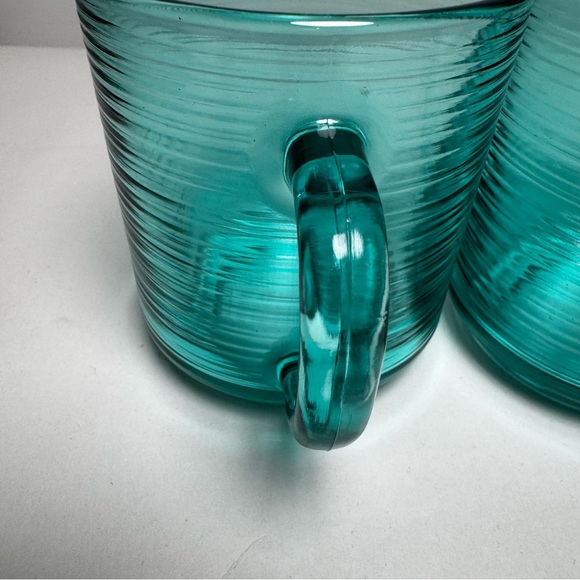 ARCOROC France JARDINIERE Glass Ribbed Mugs TEAL TURQUOISE Set of 2 - Picture 4 of 6